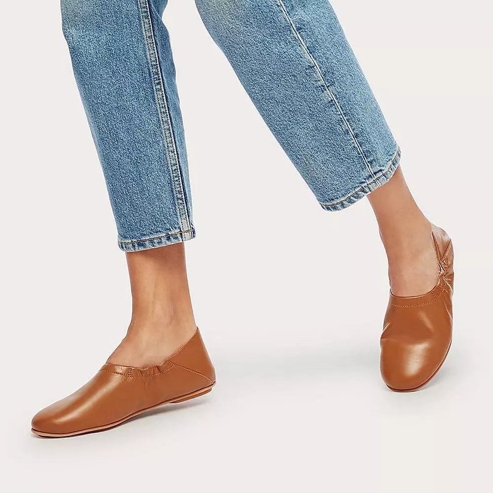 Fitflop ALLEGRO Fold-Down Back Leather Women's Ballet Flats Light Brown | ZA-B-2364