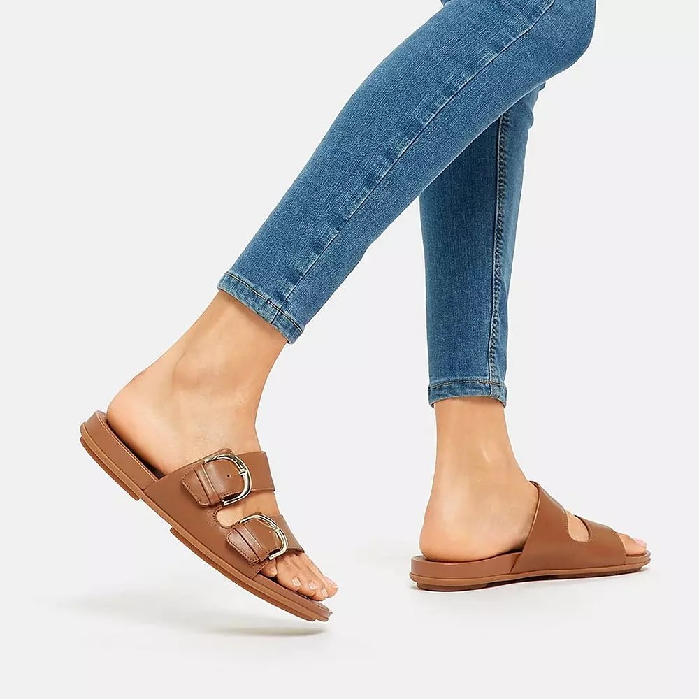 Fitflop GRACIE Buckle Leather Women's Slides Light Brown | ZA-F-1062