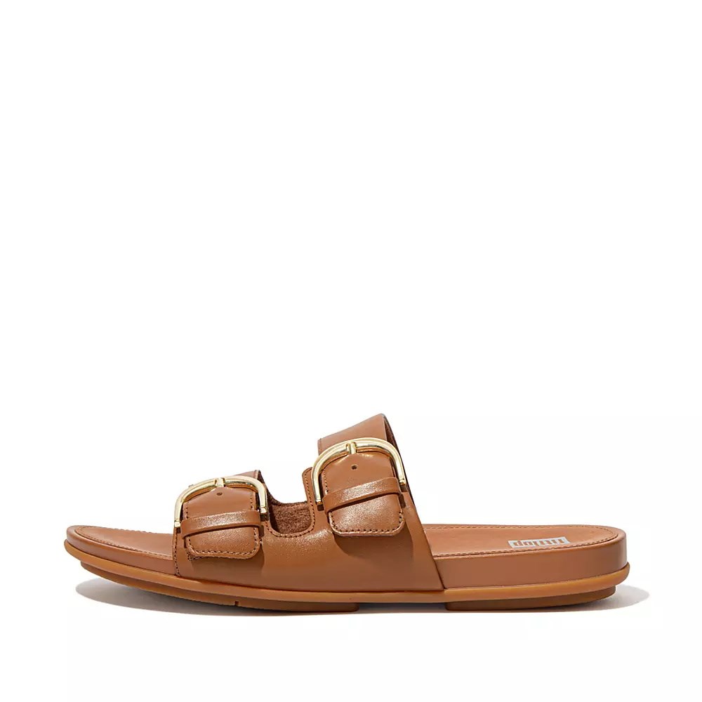 Fitflop GRACIE Buckle Leather Women\'s Slides Light Brown | ZA-F-1062