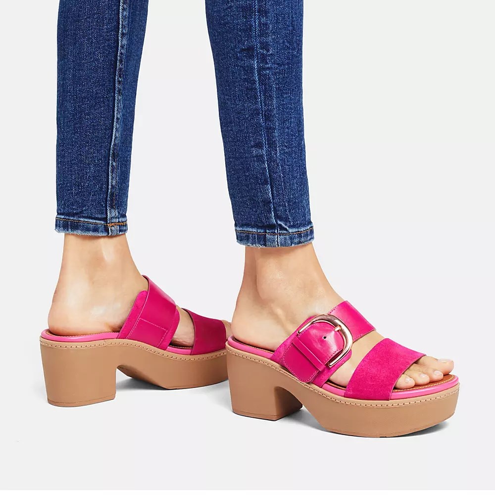 Fitflop PILAR Suede-Mix Women's Platform Slides Rose | ZA-X-5240