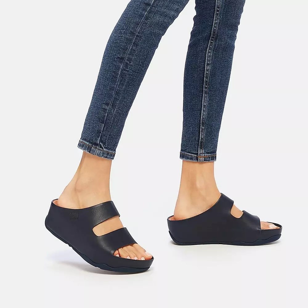 Fitflop SHUV Two-Bar Leather Women's Slides Navy | ZA-G-2174
