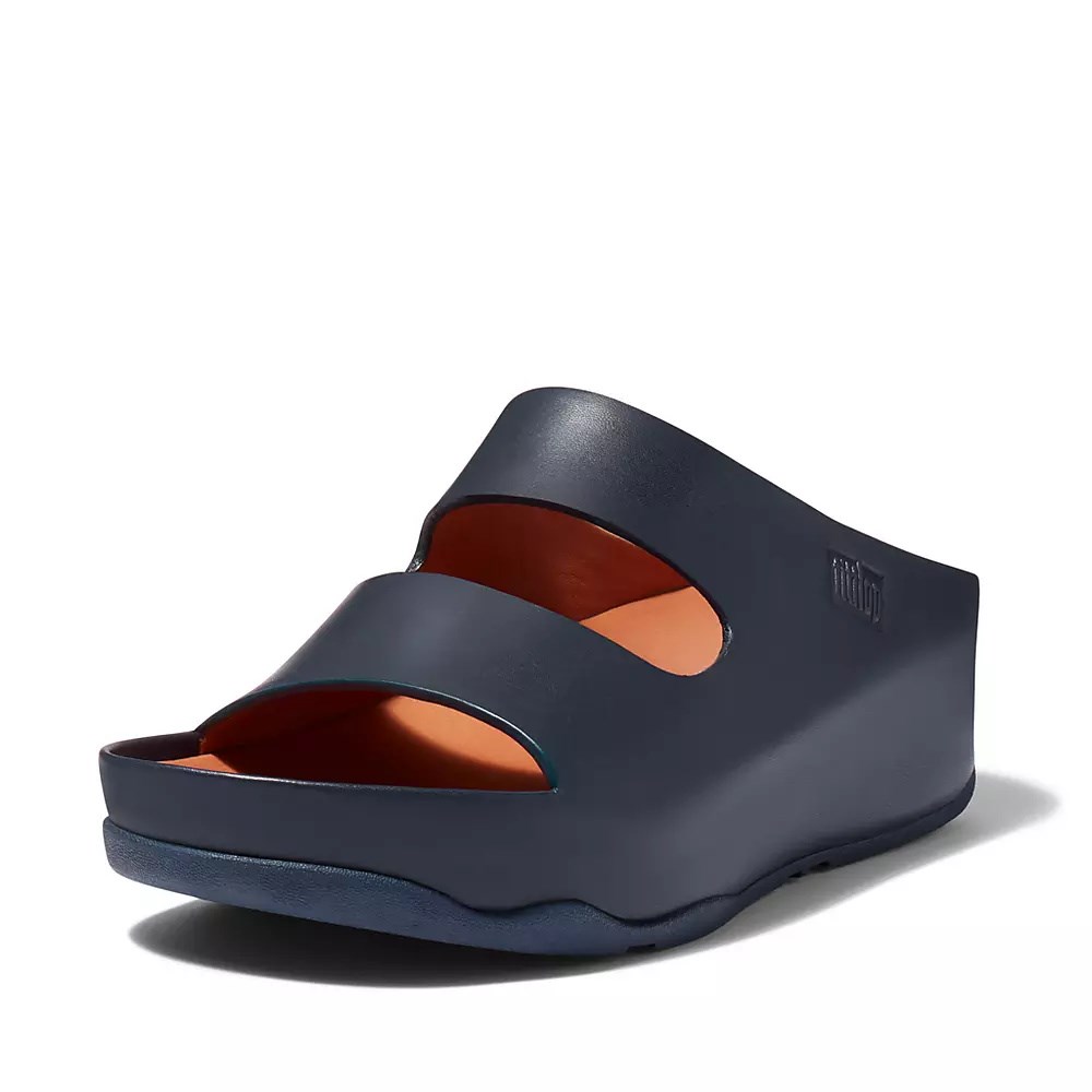 Fitflop SHUV Two-Bar Leather Women's Slides Navy | ZA-G-2174